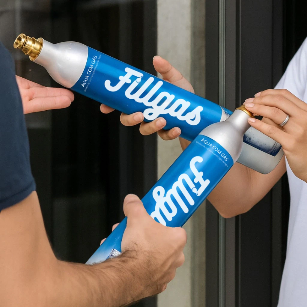 Refil de cilindro de CO₂ Fillgas para máquina de água com gás sendo entregue em mãos
